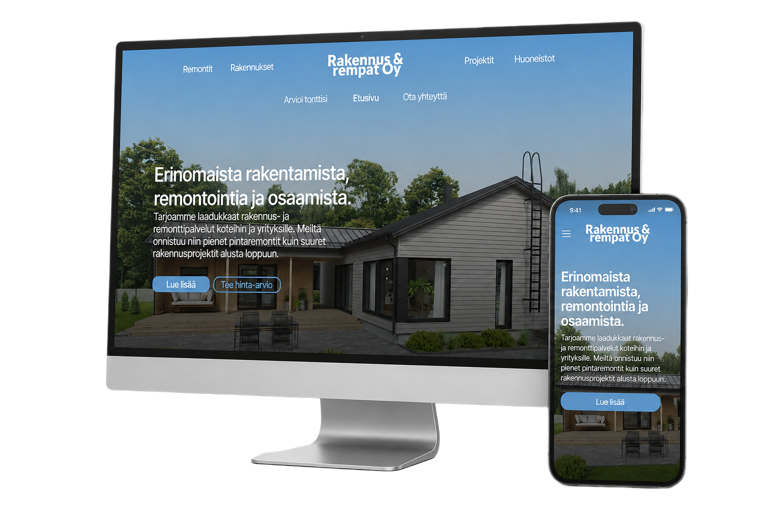 Rakennus- ja remonttiyrityksen verkkosivuston mockup tietokoneella ja puhelimella